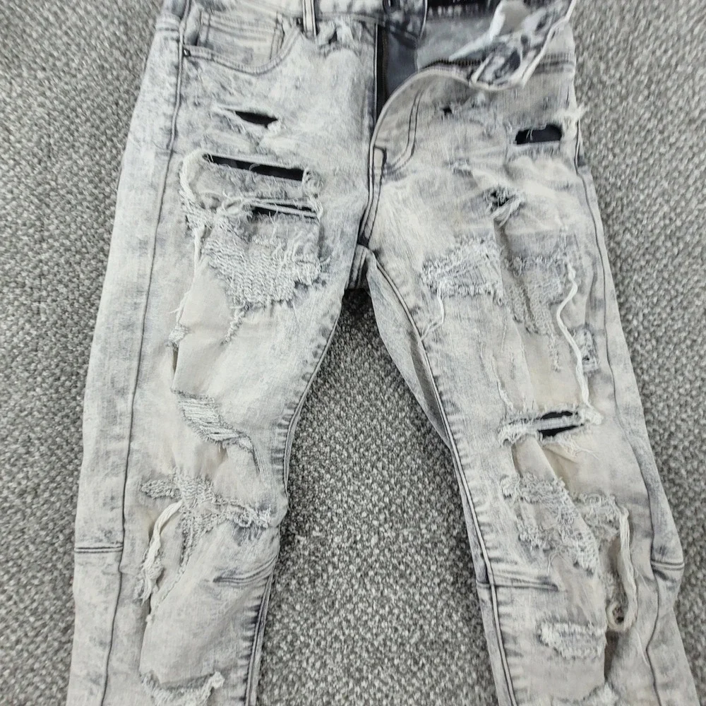 Smoke Rise Mens Distressed Acid‎ Wash Moto Jeans Gray 28x32 Slim Ripped Denim